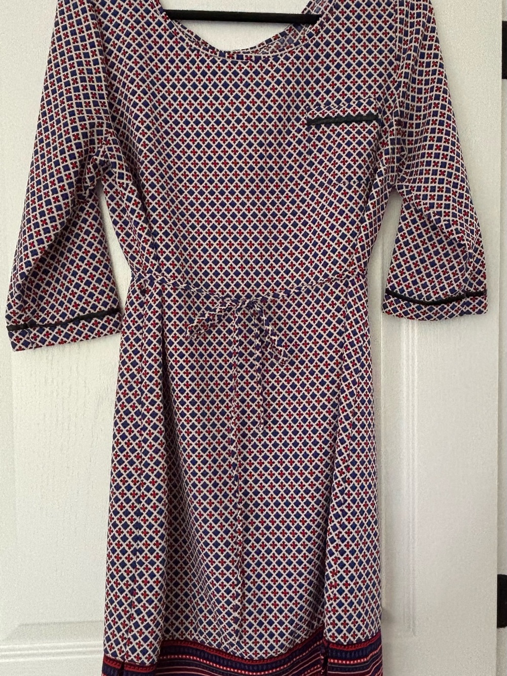 Merona Navy, Red and White Geometric Tie-Waist Long Sleeve Dress